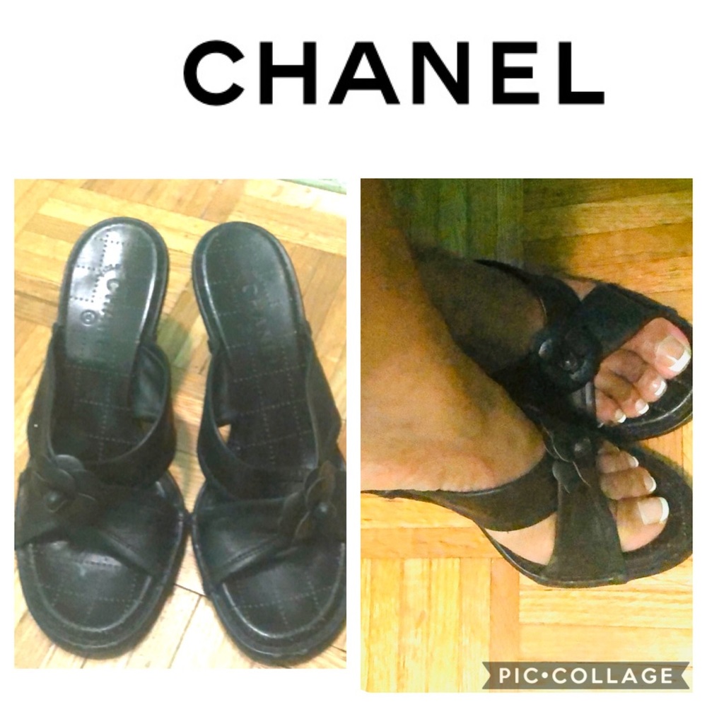 Chanel quilted Black flower criss criss slides